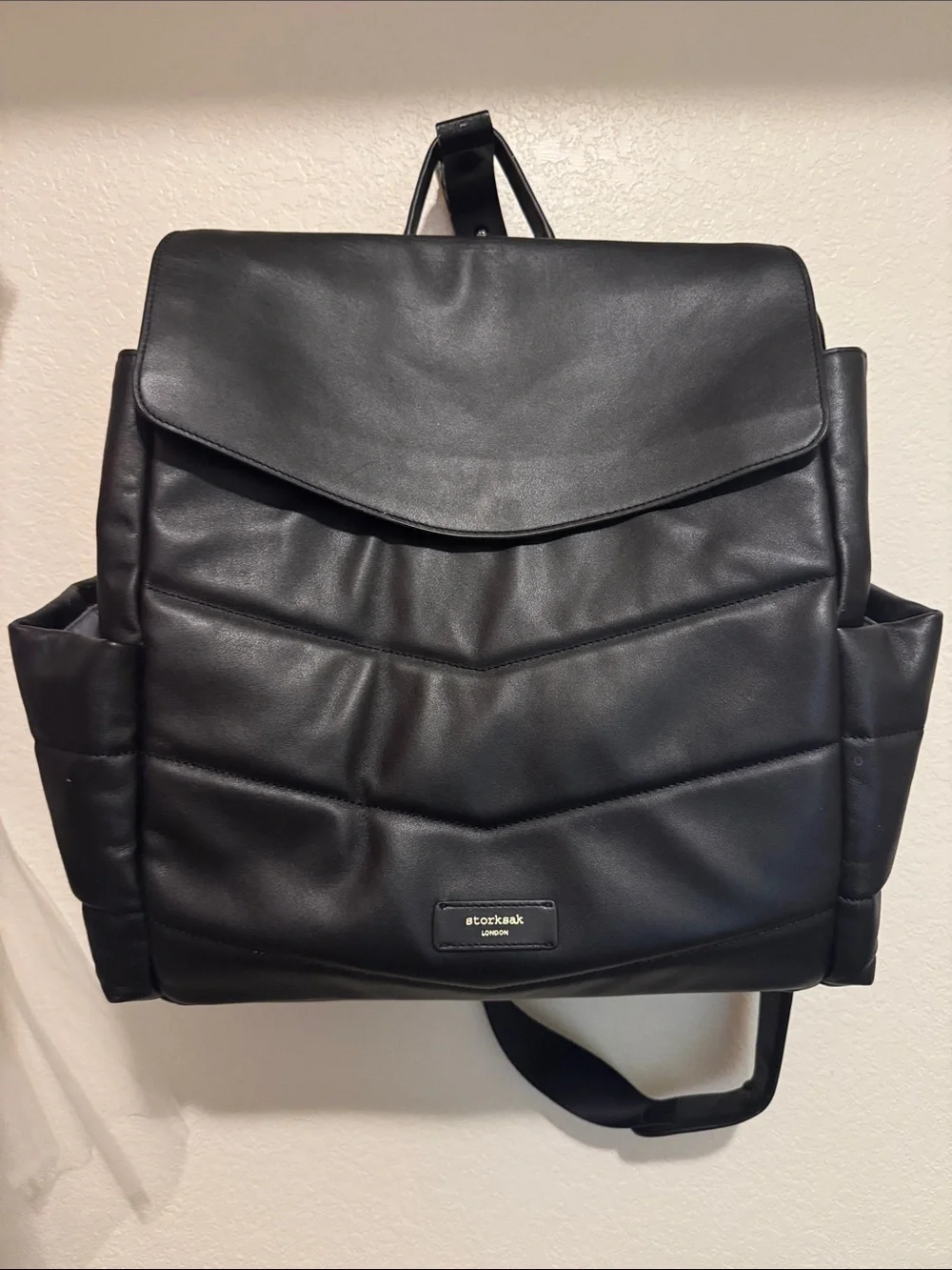 Storksak Black Quilted Leather Baby Backpack
